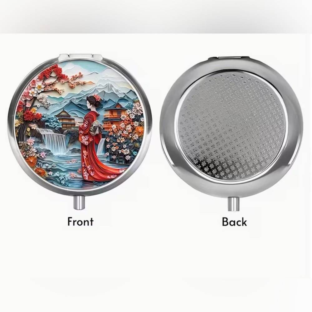 Japanese Geisha Round Pill Organizer 3-Compartment Compact Pill Case New - Picture 5 of 7